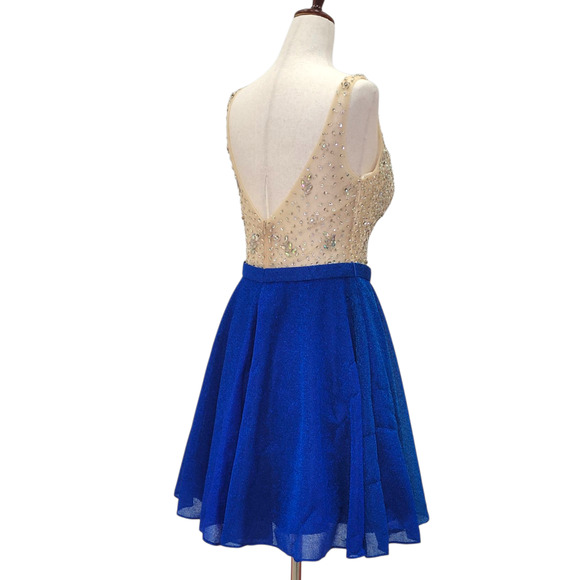 NWT Women's Blue and Gold Short Dress with Beautiful Detailed Gem Bodice - Picture 7 of 8